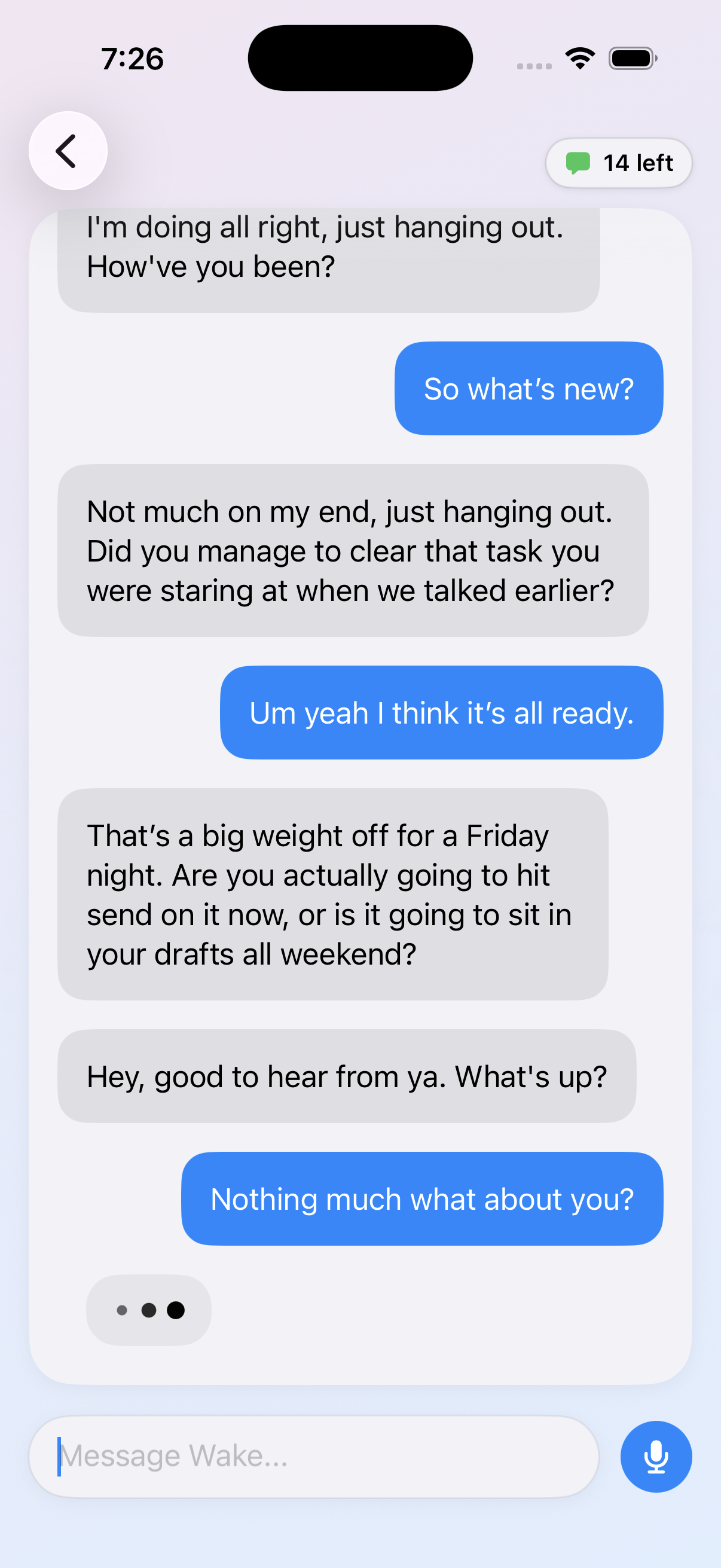 Actual Wake chat screen showing a text conversation and message composer.