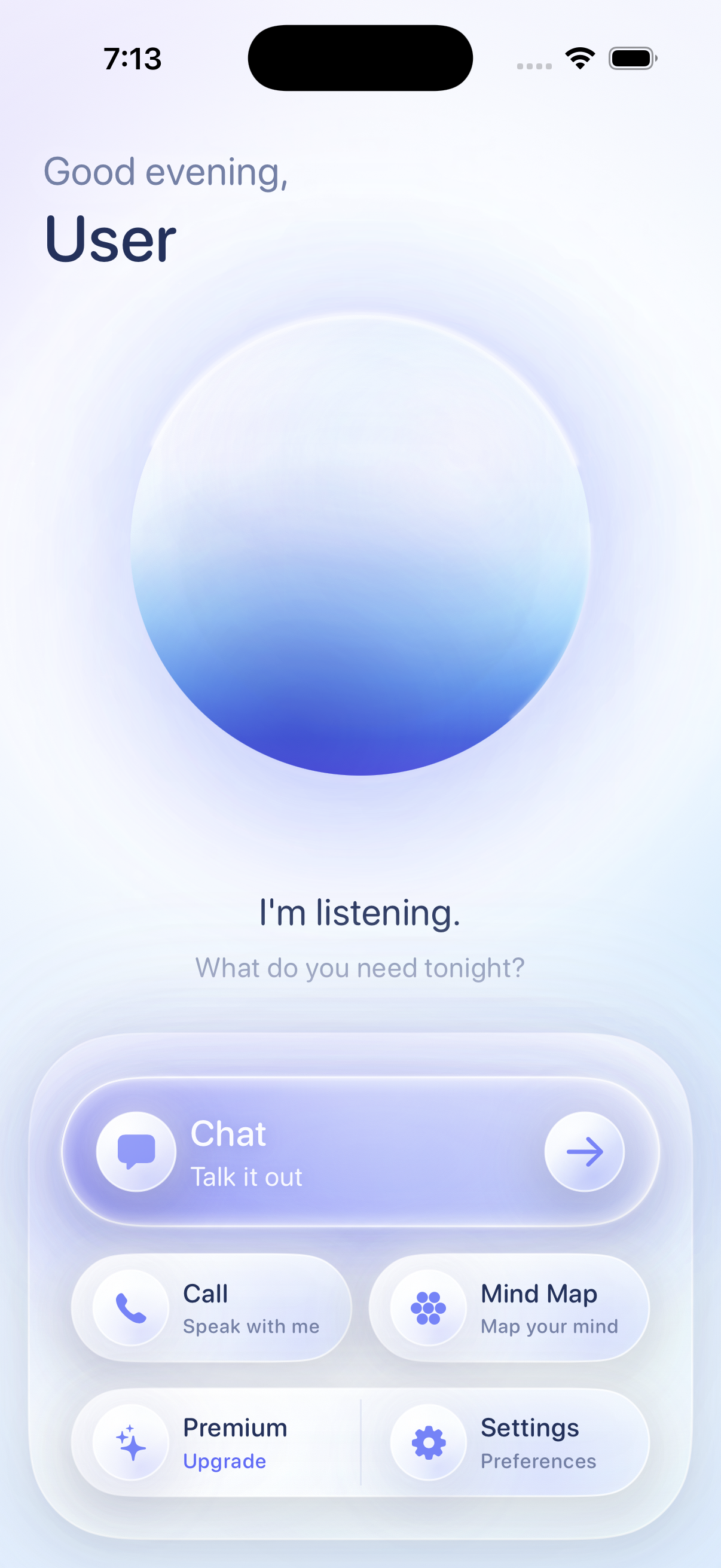 Actual Wake home screen with its greeting, blue orb, and shortcuts to Chat, Call, and Mind Map.